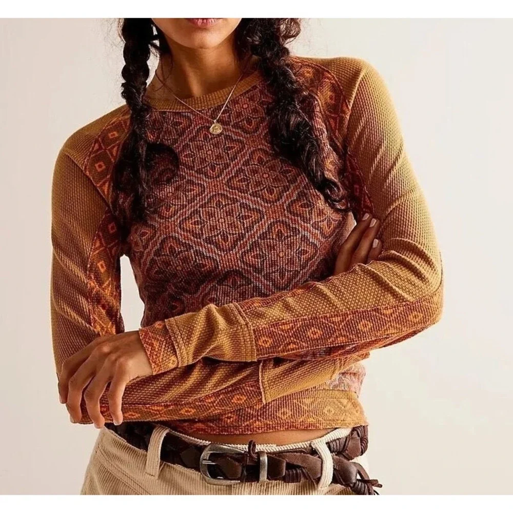 EUC Free People We The Free Geo Bliss Tee printed thermal brown boho size S
